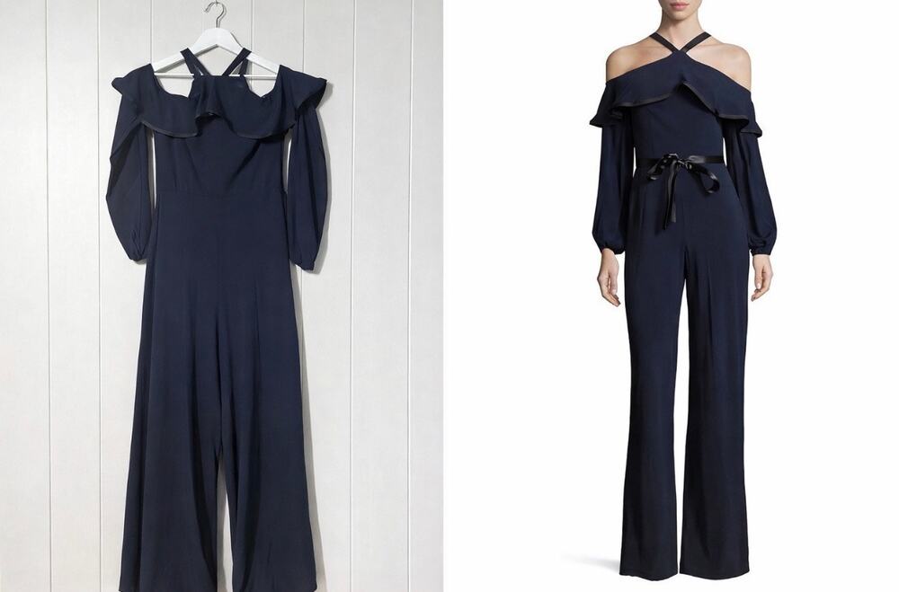 Alexis Jumpsuit Blue Halter Cutout Wide Leg Long Sleeve Size L